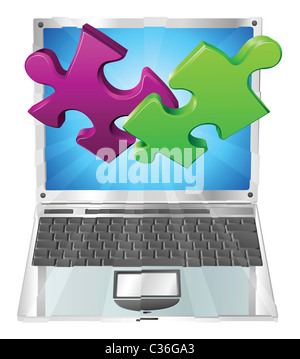 Jigsaw Puzzle-Teile fliegen aus einem stilvollen Laptop-Computer. Computer-Anwendung-Konzept. Stockfoto