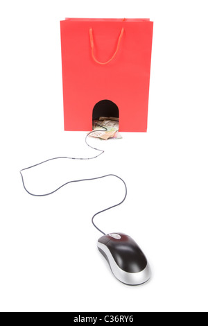 Isolierte Einkaufstasche, Computer-Maus und kanadische Dollar, Konzept des e-Commerce Stockfoto