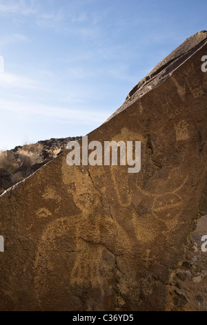 Uralten Puebloan Petroglyphen in Rinconada Canyon im Petroglyph National Monument, Albuquerque, New Mexico, USA. Stockfoto