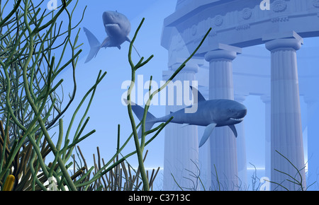 Zwei Mako-Haie schwimmen durch einen griechischen Tempel, eingetaucht in die Tiefen des Ozeans. Stockfoto