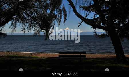 Blauer Himmel See Llanquihue Strandblick, mit Sitz und Silhouette Bäume, Volcan Osorno, von der Küste Frutillar, Chile Stockfoto