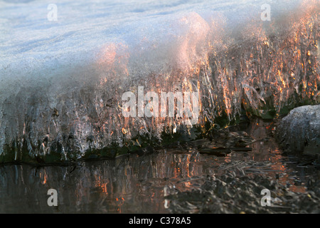 Eis-Drift am sibirischen Fluss Irtysch unter Sonnenuntergang Stockfoto