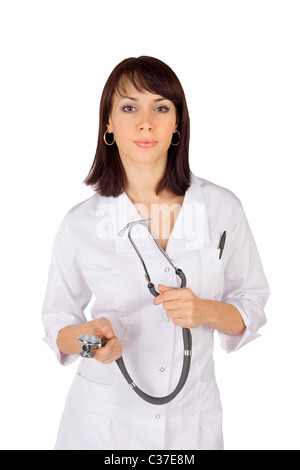 Junge zuversichtlich Ärztin hält Stethoskop isoliert auf weißem Hintergrund Stockfoto