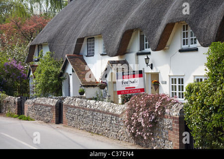 Reihe von strohgedeckten Hütten mit one For Sale in Tarrant Monkton, Dorset im April Stockfoto