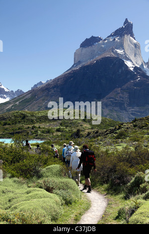 Touristen, Wandern im Nationalpark Torres del Paine, Patagonien, Chile, Südamerika. Stockfoto