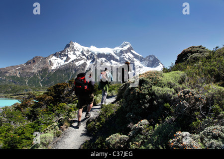 Touristen, Wandern im Nationalpark Torres del Paine, Patagonien, Chile, Südamerika. Stockfoto