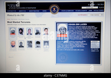 Screengrab von der FBI-Website. Des Präsidiums zehn meistgesuchten Männer. Zeigen Osama Bin Laden als verstorben Stockfoto