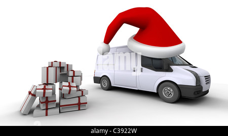 3D Rendern von einem Weihnachts-Lieferwagen mit einem Stack von Geschenken Stockfoto