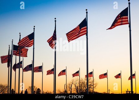 Die Flaggen, die rund um das Washington Monument in Washington, DC bei Sonnenuntergang Stockfoto