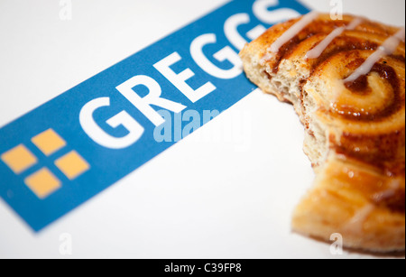 Anschauliches Bild der Produkte von Greggs Bäcker gemacht. Stockfoto