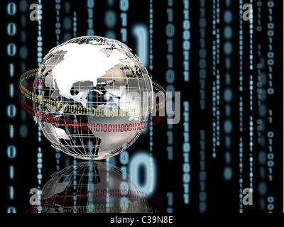 3D-Render Wireframe Globus Binärcode Hintergrund Stockfoto