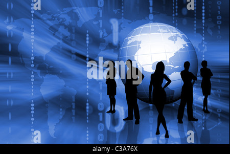 Silhouetten von Business-Team auf binäre Welt Hintergrund Stockfoto