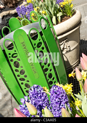 Papierkorb-Lauf und Blumentöpfe, Herald Square Park, New York Stockfoto