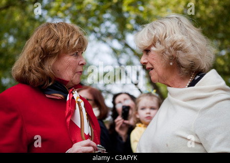 Camilla Parker Bowles trifft die Öffentlichkeit am Tag vor der Hochzeit von Prinz William und Kate MIddleton Stockfoto