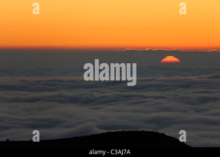 Optische Täuschung von Mauna Kea gesehen: Sonnenuntergang über Meer der Wolken auf Big Island, Hawaii, USA Stockfoto