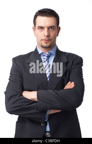Porträt eines Mannes zuversichtlich Reife Unternehmen mit Hände gefaltet auf weißem Hintergrund Stockfoto