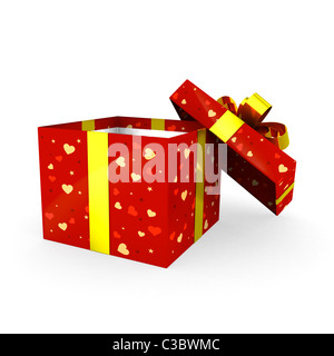Offenen roten Geschenkbox mit goldenen Band Stockfoto