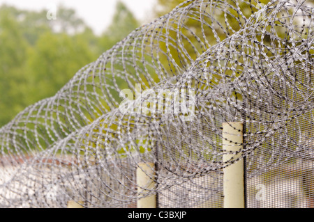 Gefängnis-Zaun mit gewickelten Stacheldraht Stockfoto