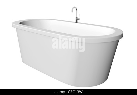 Weiß und tief modernen weißen Badewanne mit Edelstahl-Armaturen, vor einem weißen Hintergrund isoliert Stockfoto