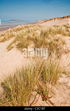 Sanddünen am Strand von Rhossili, Gower, Wales an einem sonnigen Tag Stockfoto