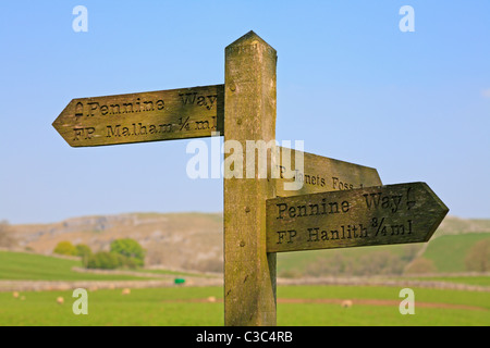 Pennine Way hölzernen Wegweiser in Malham, Malhamdale, North Yorkshire, Yorkshire Dales National Park, England, UK. Stockfoto