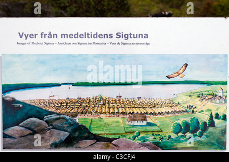 Zeichen, die zeigen, was Sigtuna in Schweden verwendet, auszusehen wie in den mittelalterlichen Zeiten. Stockfoto