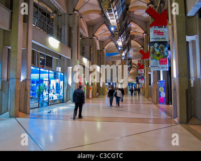 Paris, Frankreich, Korridor im Einkaufszentrum 'Le Forum des halles', Inneres des Einkaufszentrums Les halles Paris, Zentrum Commercial france, Einsamkeit. Konzeptuelles Bild der Einsamkeit, dargestellt durch die Silhouette eines Mannes, der einen Korridor hinuntergeht, 'Westfield France » Shopping Mall Interior 1970s Stockfoto