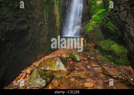 Schmale Schlucht von Scale Force Wasserfall zwischen Buttermere und Crummock Wasser im englischen Lake District Stockfoto