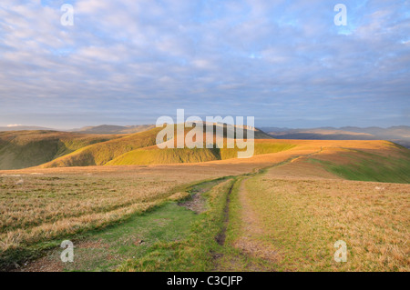 Dawn Sonnenlicht auf Fußweg auf große Dodd im englischen Lake District, mit Blick auf Watsons Dodd, Stybarrow Dodd und Lakelandpoeten Stockfoto