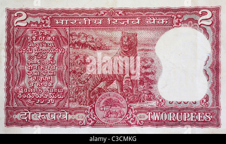Indian 2 zwei Rupien-Banknote Papiergeld zeigt Schreib- und tiger Stockfoto