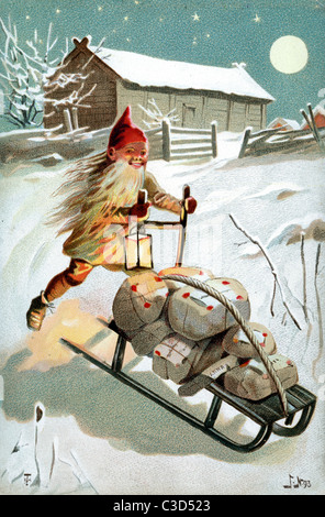 Ein Weihnachtself oder Gnome liefert Geschenke Stockfoto