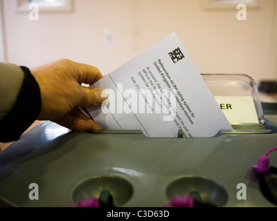 Stimmzettel für die Volksabstimmung über die UK-voting-System wird in die Wahlurne gelegt. 5. Mai 2011 London Stockfoto