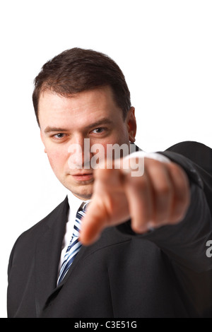 Porträt der jungen zuversichtlich Geschäftsmann auf Sie isoliert auf weißem Hintergrund zeigt hautnah Stockfoto