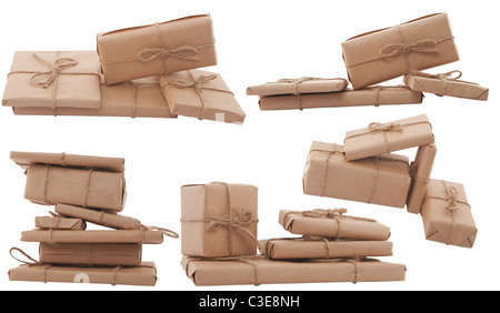 Geschenk-Box, die in unterschiedlicher Form auf weißem Hintergrund angeordnet Stockfoto