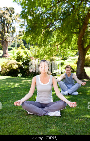 Paar praktizieren Yoga im park Stockfoto