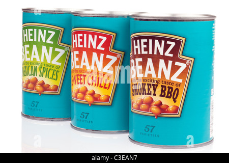 Drei Dosen von Heinz 57 Sorten mexikanische Gewürze sweet Chili und rauchige BBQ Stockfoto