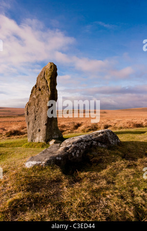 Stehenden und gefallenen, Steinen Scorhill Steinkreis, dartmoor Stockfoto