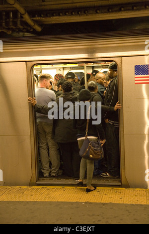 U-Bahnwagen sind wie die Sardinen während der Rush Hour am Abend in New York City verpackt. Fulton Street Station, Manhattan. Stockfoto