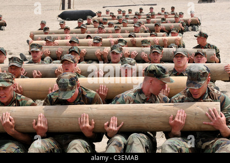 US Navy SEAL Team-Kandidaten verwenden Sie Teamarbeit, körperliches Training Übungen mit einem 600 Pfund-Protokoll auf amphibischen Marinestützpunkt Stockfoto