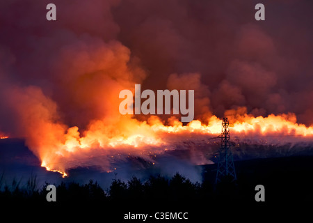 Intensive Buschfeuer auf Hügeln in der Nähe von A836 zwischen Lairg und Bonar Bridge in Schottland aufgenommen in der Abenddämmerung mit Pylon im Vordergrund Stockfoto