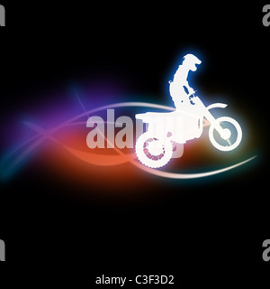 Silhouette eines Mannes auf einem Motorrad auf einem dunklen Hintergrund auf den bunten Linien. Stockfoto