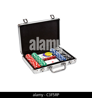 set for poker in suitcase isolated on white background Stockfoto