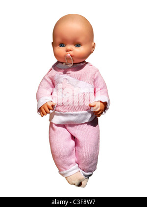 Rosa Baby-Puppe mit einem Sauger im Mund isoliert auf weißem Hintergrund Stockfoto