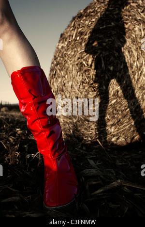 Frau trägt Gummistiefel, niedrige Abschnitt Stockfoto