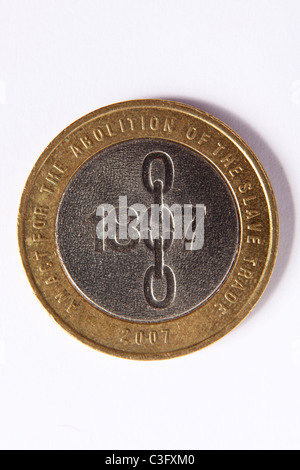 Eine Sonderausgabe britischen zwei Pfund-Münze markiert die Zweihundertjahrfeier der Abschaffung des Sklavenhandels. Stockfoto