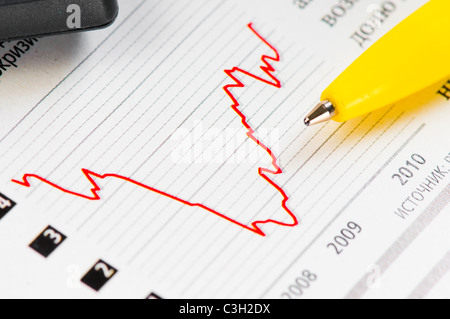 Geschäftskonzept: Taschenrechner, Kugelschreiber und Diagramm Stockfoto