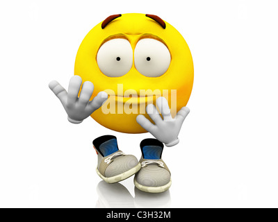 Smiley, Emoticons. Gesichtsausdruck. Enttäuscht emotionalen Ausdruck auf ein gelbes Gesicht mit großen Augen mit Schuhen. Stockfoto