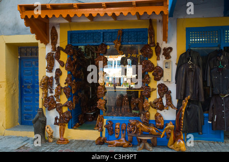 Souvenir-Shop, Verkauf von Kunsthandwerk aus Holz Medina Altstadt Essaouira zentralen Marokko in Nordafrika Stockfoto