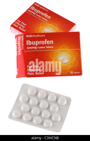 Zwei Kisten voller 16 Glocken Healthcare 200mg Dragees Ibuprofen Stockfoto