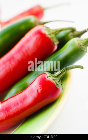 Studioaufnahme von roten und grünen Chilischoten Stockfoto